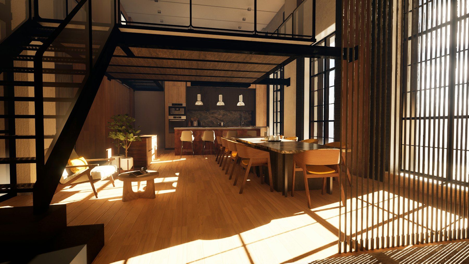 Vivienda tipo loft con altillo de estructura metálica y suelo de madera