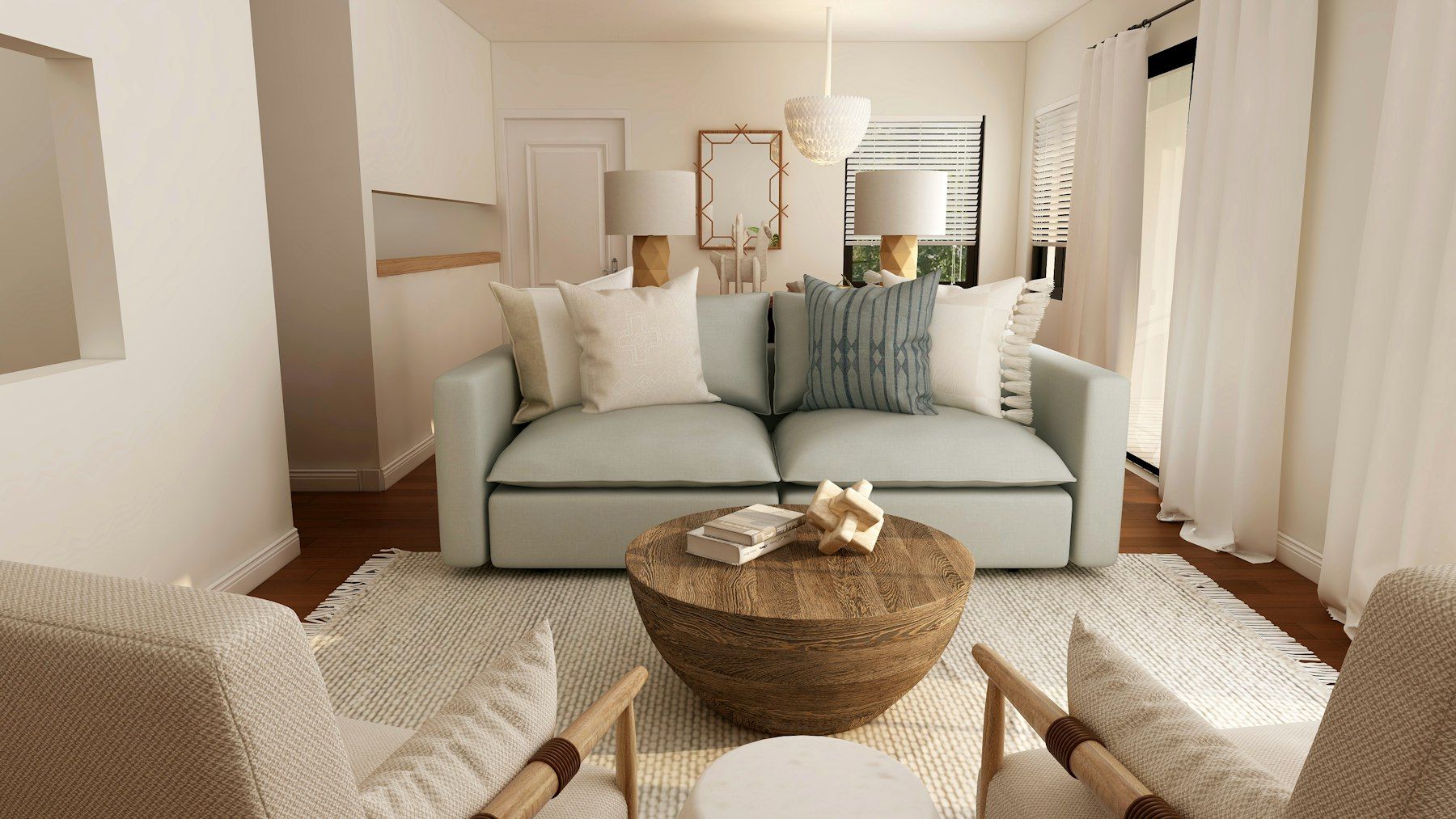 Salón claro con sofá y mesa de centro de madera
