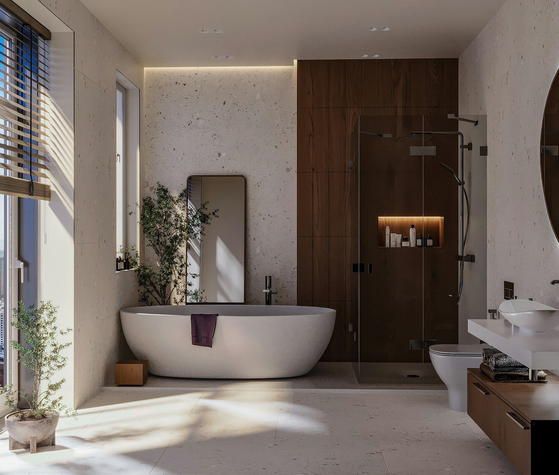 Baño con bañera exenta y panel de madera
