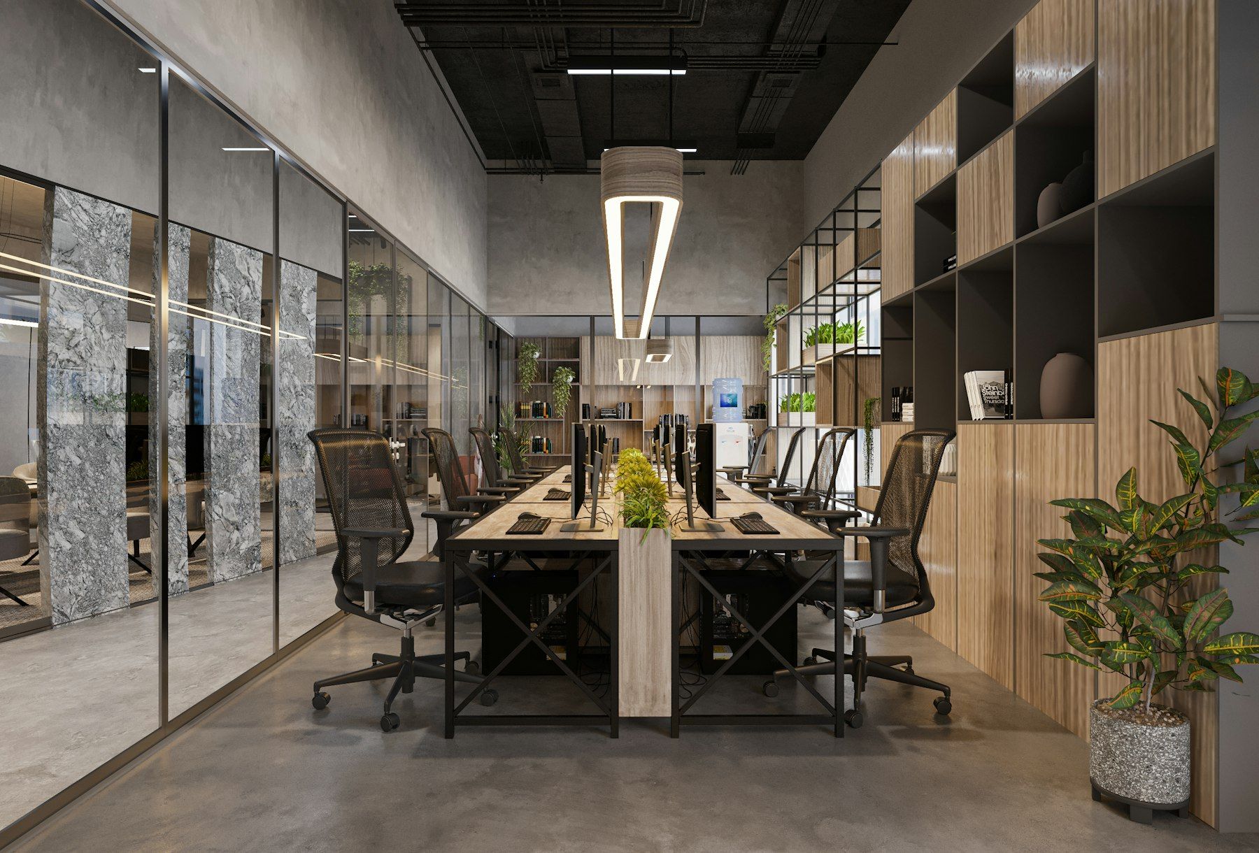 Puestos de trabajo con estanterías y separaciones de vidrio