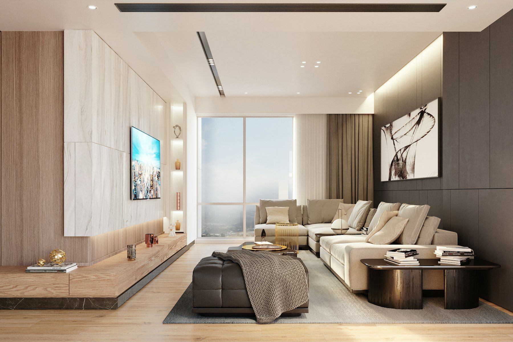 Salón contemporáneo con sofá y mueble de madera