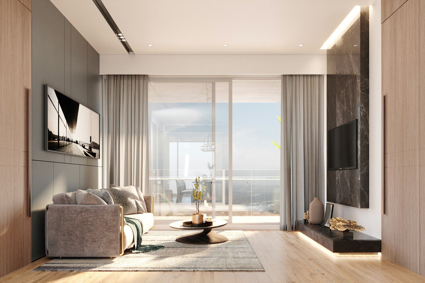 Salón contemporáneo con ventanal y panel de piedra oscura