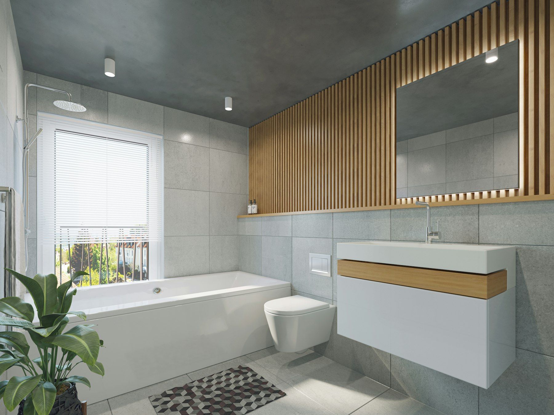 Baño con revestimiento de listones de madera, bañera y lavabo suspendido