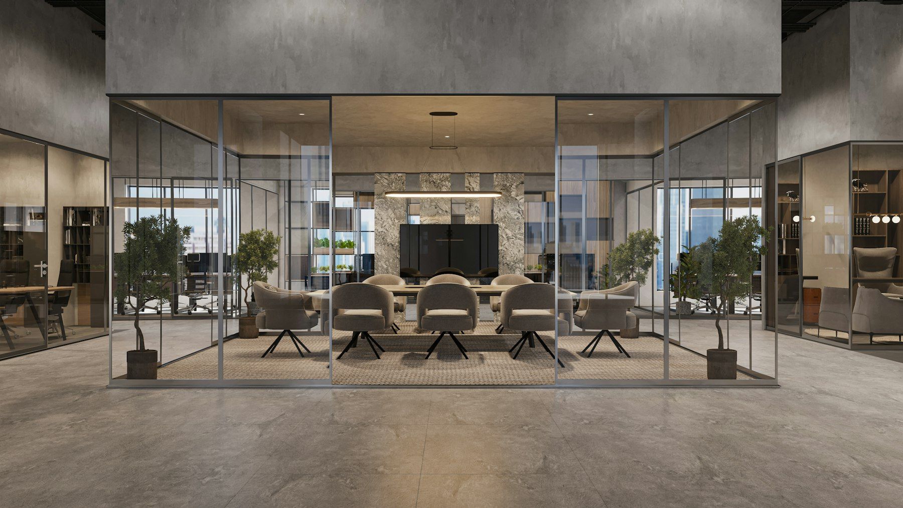 Sala de reuniones acristalada en una oficina con plantas